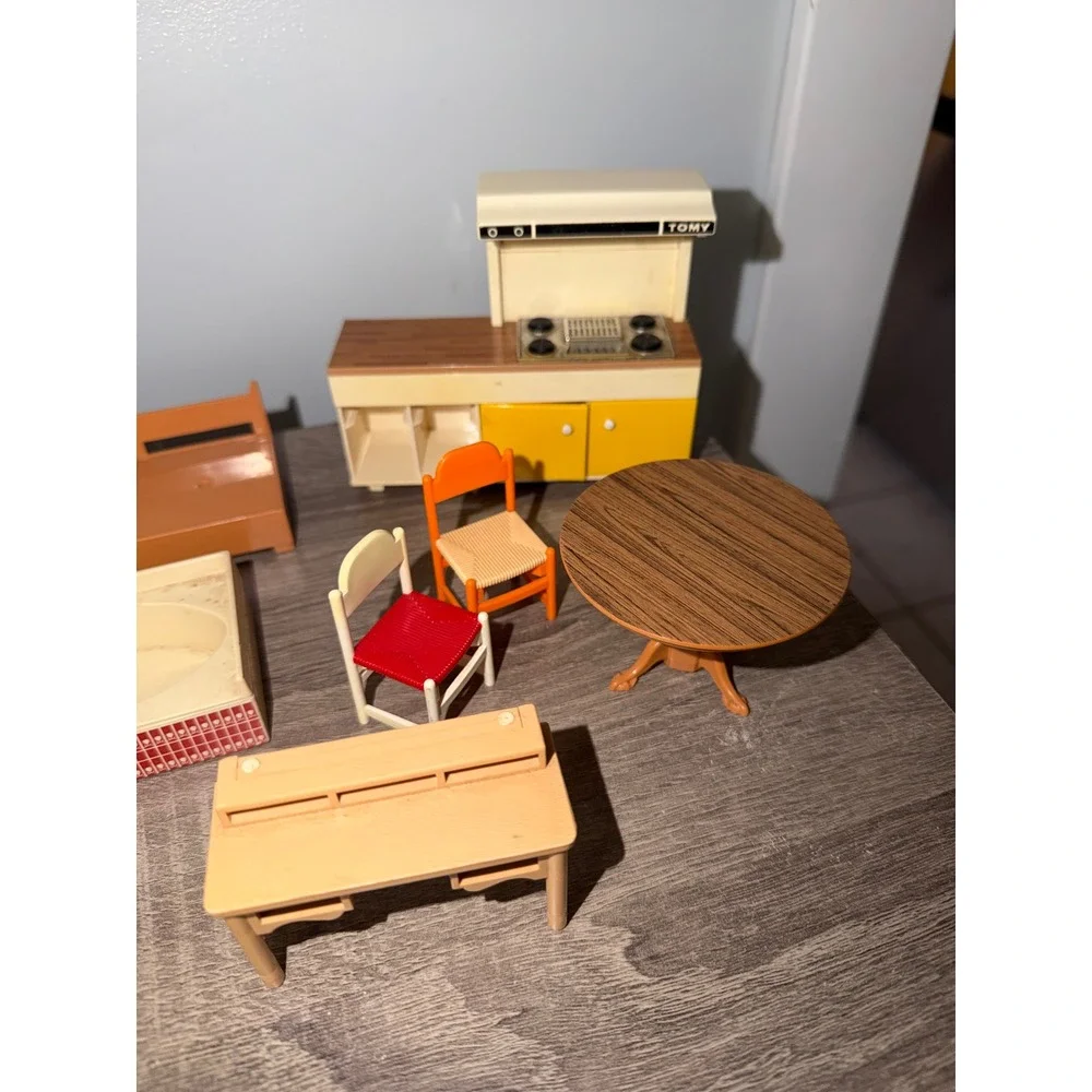 Vintage Tomy Dollhouse Furniture Lot MCM Kitchen Bathroom Dining Room 13pc Set